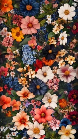 Dense floral arrangement composed of diverse flower species in varied color palette.