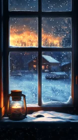 Lantern hush against a snowlit cabin sunset window glow.