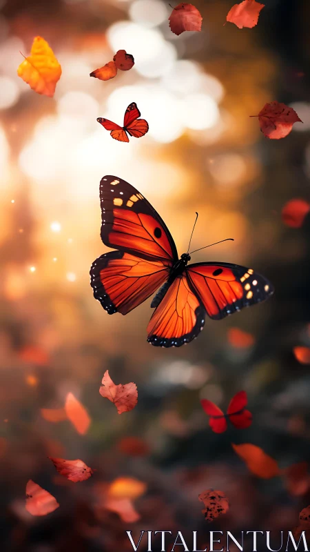 Orange butterfly in shallow focus autumn foliage scene.