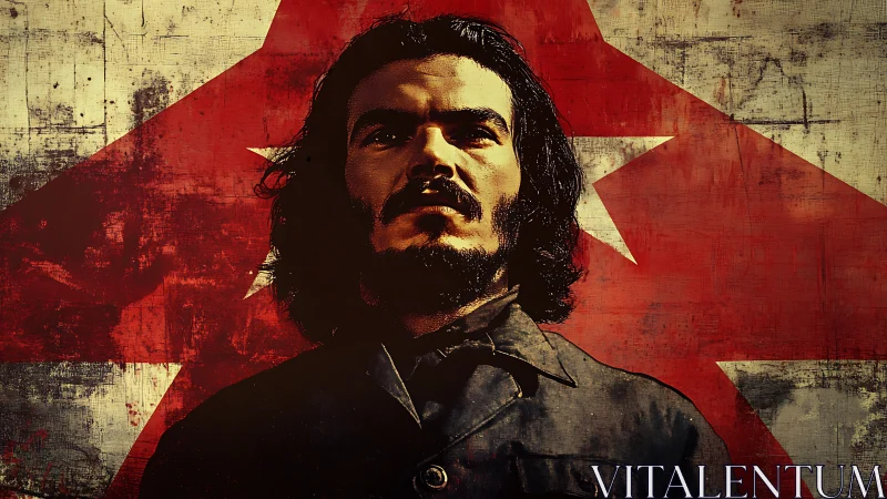 Long haired man stands before distressed red star mural