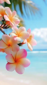 Pink plumeria flowers in bright sunlight against tropical beach ocean background