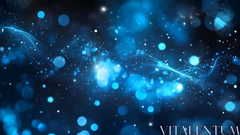 Abstract blue bokeh lights and wave pattern on dark background.