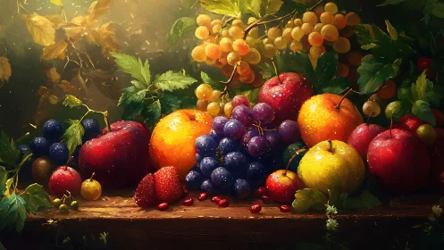 Sunlit autumn fruits gathered in a cozy rustic still life.