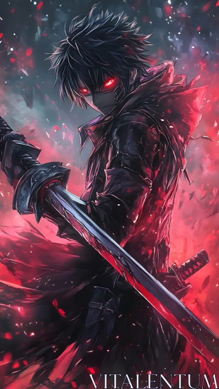 Hooded anime swordsman holds glowing blade in red smoke