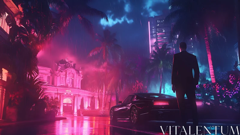 Neon soaked night drive outside a glowing luxury hotel.