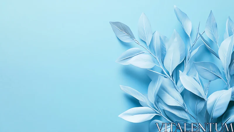 Minimalist frosted leaves composition on soft blue background