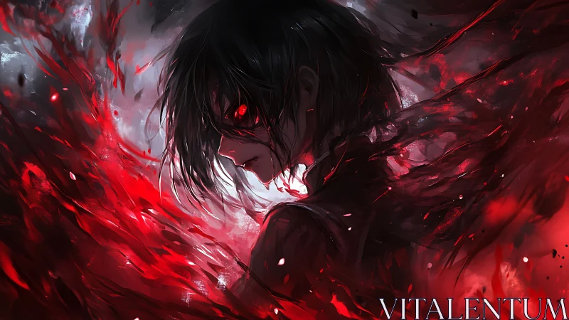 Bloodlit avenger amid swirling crimson energy storm.