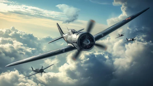 Storm-bound warbirds slicing through luminous cloud battlegrounds.