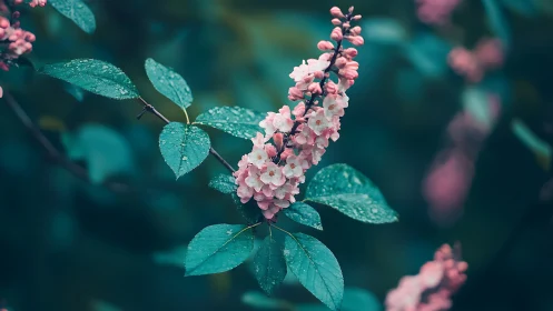 Pink Lilac Blossoms with Teal Foliage: Botanical Macro Study.