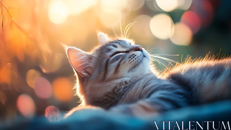 Contented cat basking in golden sunset glow.