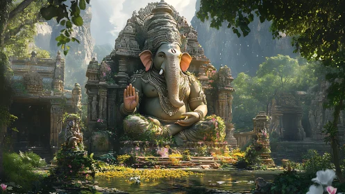 Stone elephant deity statue in dense forest temple complex.