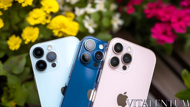 Three modern smartphones in pastel colors against flowers.