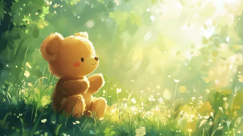 Luminous teddy bear in sun-diffused forest glade environment.