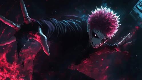 Demonic anime fighter lunging forward with red cursed energy