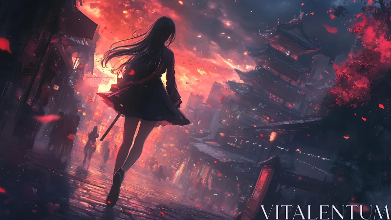 Girl with sword walks through neon city at burning sunset
