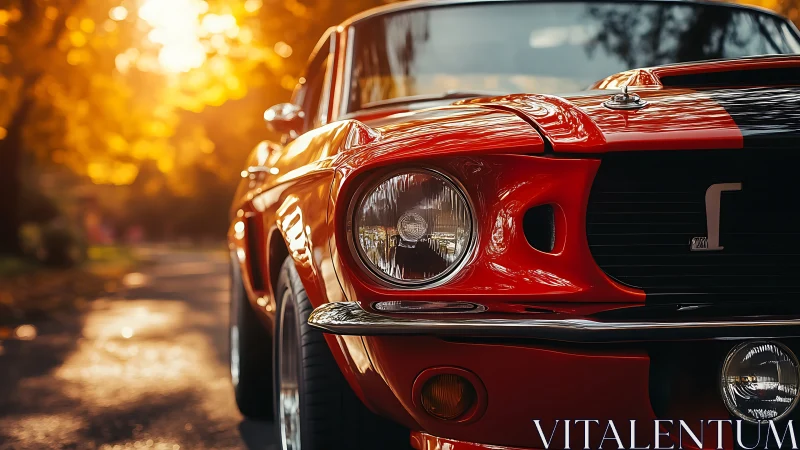 Autumn-lit red muscle car close-up with reflective chrome finish.