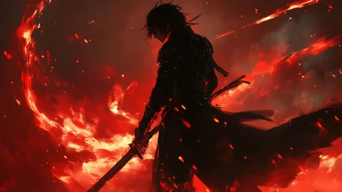 Flame-shadowed swordsman carving inferno arcs through night.