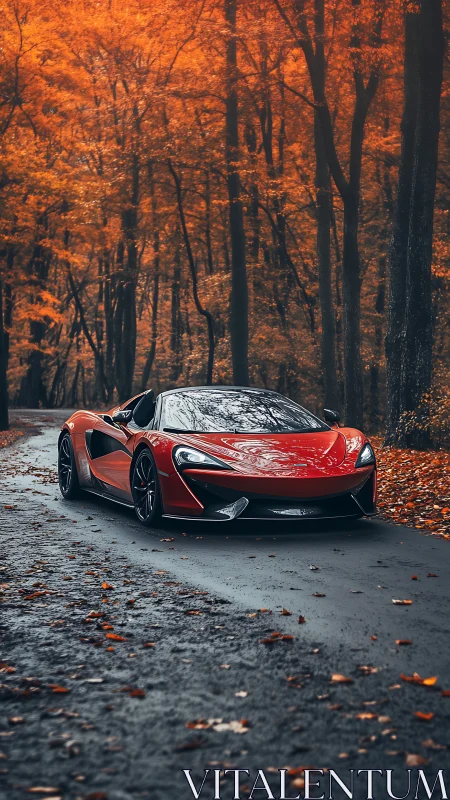 Low-angle red supercar on wet forest road under dense autumn canopy