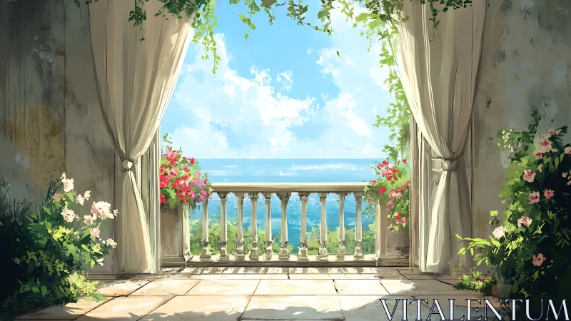 Balcony terrace with curtains overlooking distant seascape