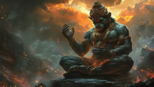 Divine simian warrior meditates amid fiery storm clouds