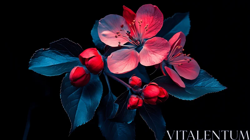 Luminescent Floral Study: Red Blossoms Against Midnight.