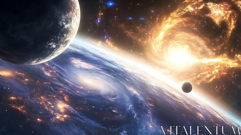 Twin planets over luminous nebular starfield and spiral vortex