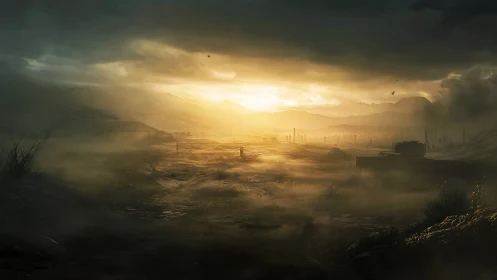 Sunlit mist covers a flat industrial plain beneath dense clouds