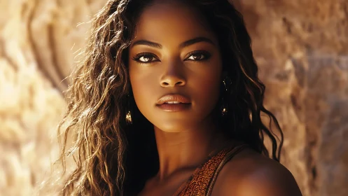Portrait of woman in warm light against stone wall.