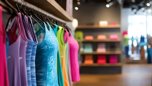 Retail Athletics: Vibrant Activewear Display on Store Rack.