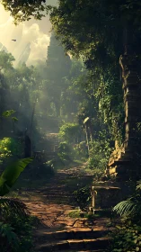 Sunlit jungle stairway into the whispering lost temple.