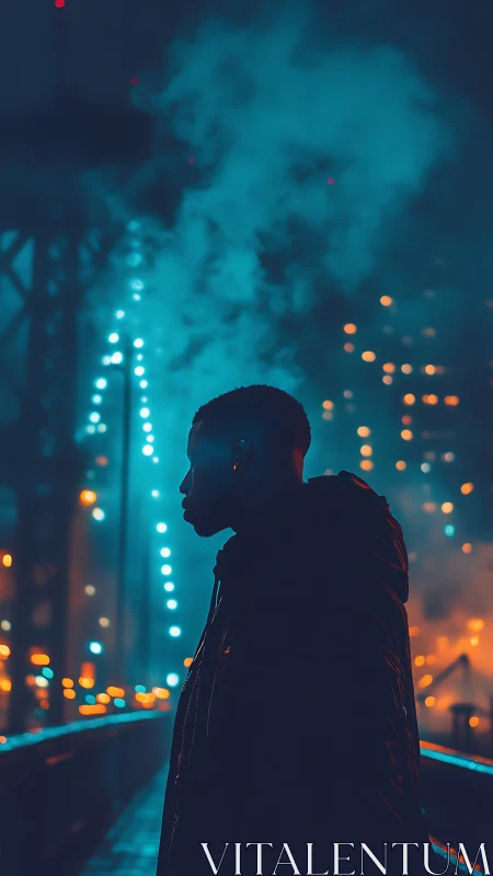 Silhouetted man stands on city bridge amid neon night haze