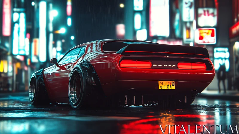 Red sports coupe on wet urban street at night in neon light.