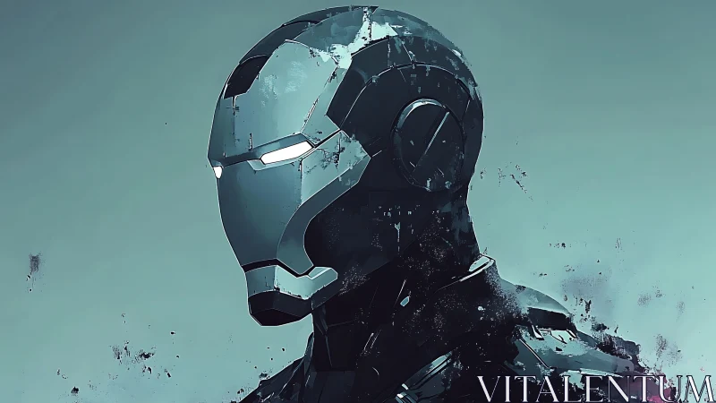 Futuristic armored helmet portrait with worn metallic surface.