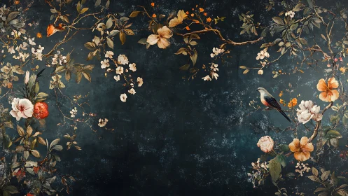 Songbird resting in a dreamy floral night garden mural.