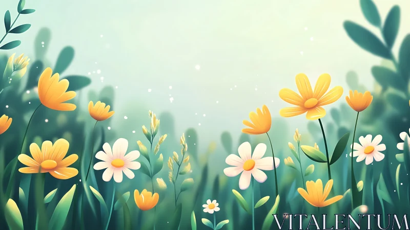 Soft spring meadow blooms glow in gentle morning light