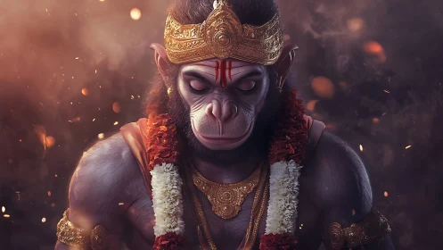 Serene monkey warrior in golden crown and warm garlands.
