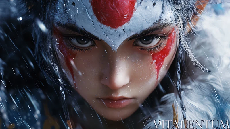 Close frontal view of painted warrior face in snowfall.