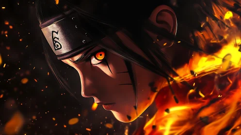 Intense anime warrior portrait with dynamic flame illumination.