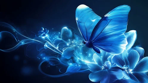 Bioluminescent blue butterfly hovers over spectral floral forms