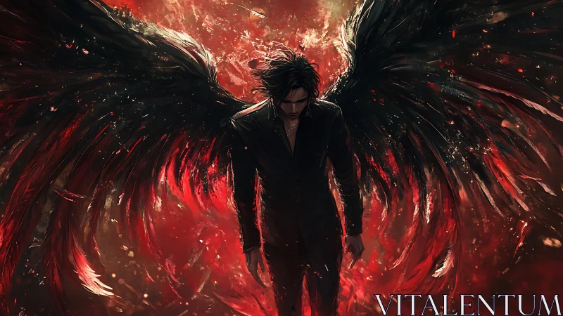 Dark-winged fallen angel stands amid erupting crimson vortex