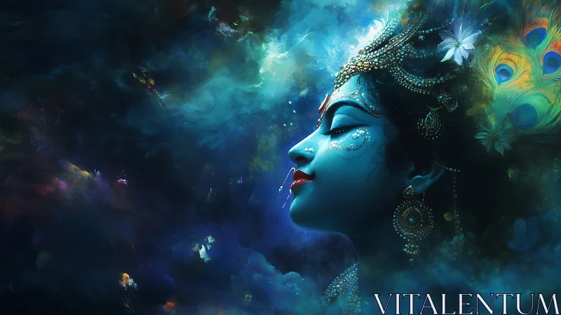 Mystic blue goddess in jeweled headdress amid cosmic mist.