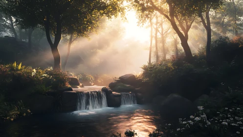 Sunlit forest stream flows over rocks beneath bright trees