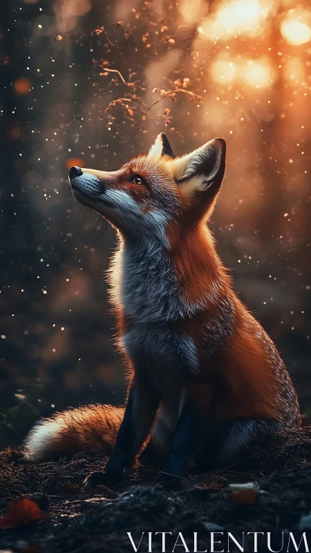 Forest fox listens to falling light in ember dusk hush.