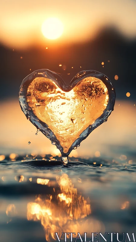 Water droplet forms heart shape against sunset sky