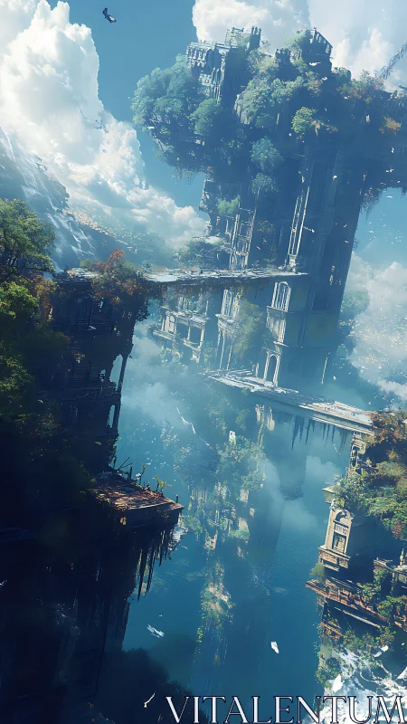 Aerial ruins and suspended forests over reflective chasm water.