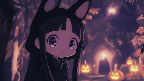 Girl in dark costume stands before lit pumpkins outdoors