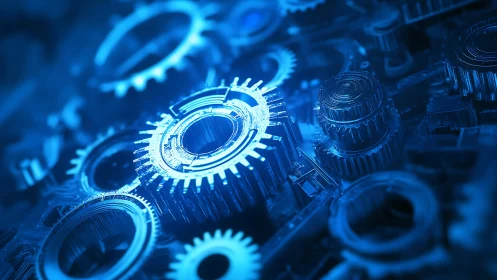 Glowing blue gears weaving a quiet dance of motion.
