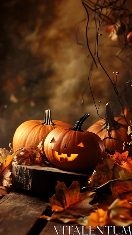 Illuminated jack-o’-lantern on wood slice amid dried autumn foliage
