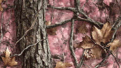 Forest bark and autumn leaves over dreamy pink haze.