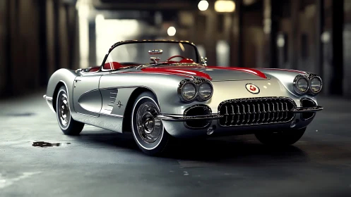 Silver convertible sports car in dim industrial interior.